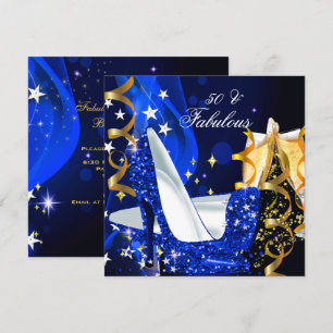 Fabulous 50 Woman's Royal Blue Gold Birthday Party Invitation