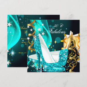 Fabulous 50 Woman's Teal Blue Gold Birthday Party Invitation