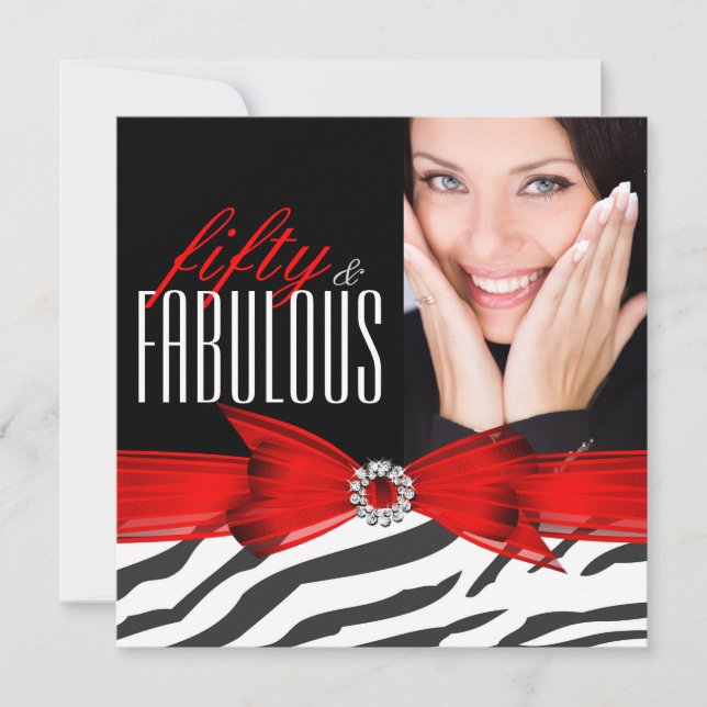 Fabulous 50 Zebra Red Black Photo Birthday Party Invitation (Front)