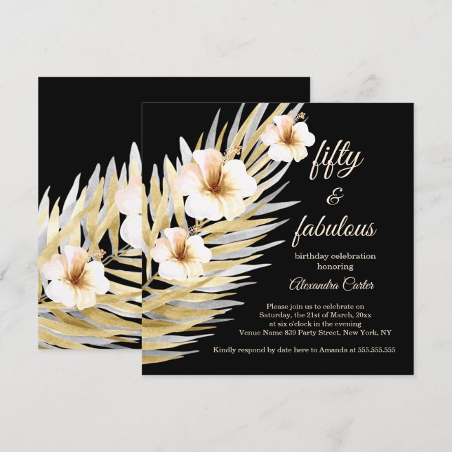 Fabulous 50th Beige White Black Floral Birthday Invitation (Front/Back)