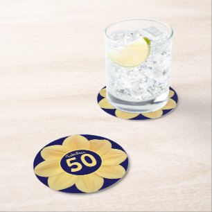 Fabulous 50th Birthday Blue and Yellow Floral Round Paper Coaster