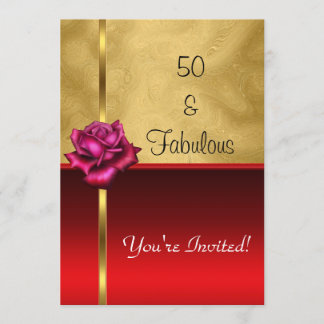 Fabulous 50th Birthday Gold Red Flower Invitation