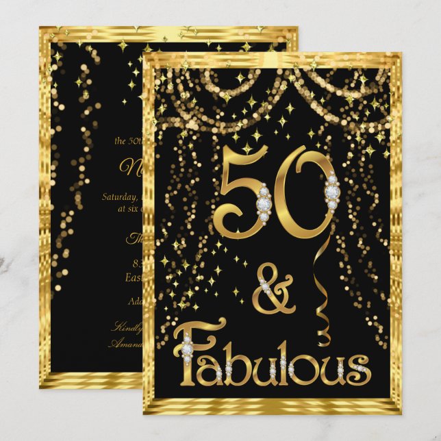 Fabulous 50th Birthday Party Gold Black Confetti Invitation (Front/Back)