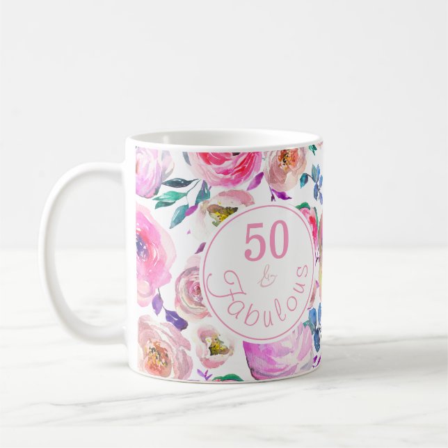 Fabulous 50th Birthday Pink Purple Roses Peonies Coffee Mug (Left)