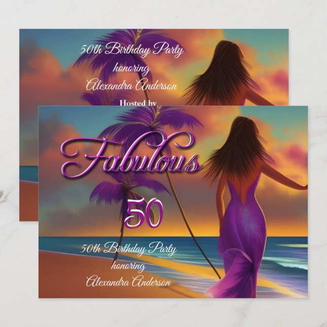 Fabulous 50th Birthday Purple Beach Ocean gold Invitation (Front/Back)