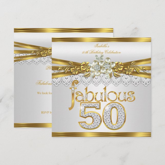 Fabulous 50th Birthday White Pearl Gold Lace Invitation (Front/Back)