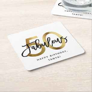 Fabulous 50th   Chic Gold Fun Modern  Birthday Square Paper Coaster
