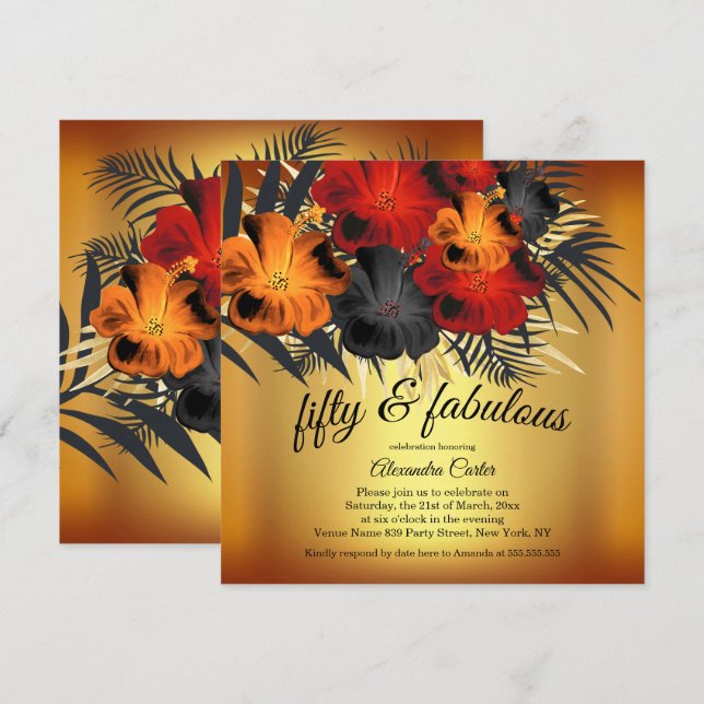 Fabulous 50th Gold Red Orange Black Hibiscus party Invitation (Front/Back)