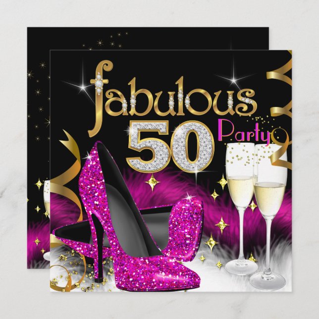 Fabulous 50th Party Glitter Hot Pink Champagne Invitation (Front/Back)