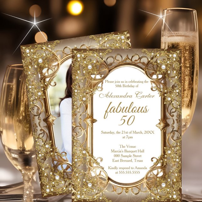 Fabulous 50th Photo beige Golden Pearl birthday Invitation (Creator Uploaded)