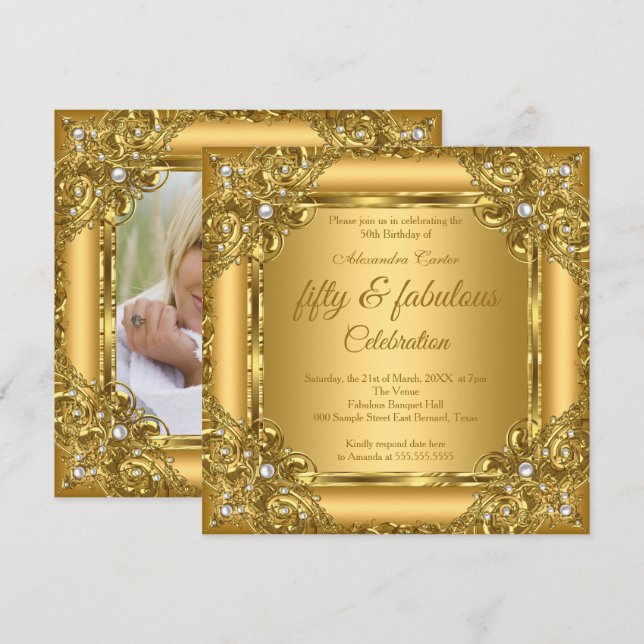 Fabulous 50th Photo Gold on Gold Pearl Party Invitation (Front/Back)