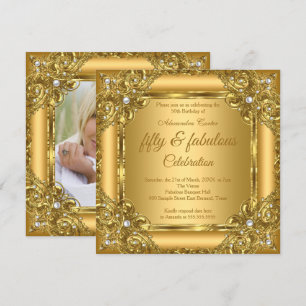 Fabulous 50th Photo Gold on Gold Pearl Party Invitation
