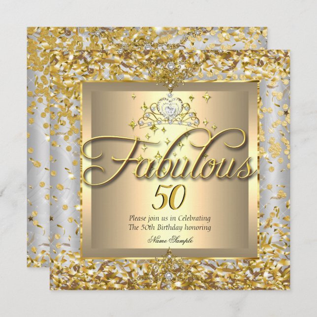 Fabulous 50th Princess Gold Silver Grey Party Invitation (Front/Back)
