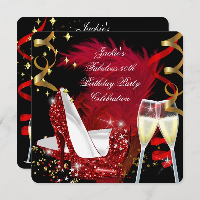 Fabulous 50th Red Glitter High Heel Birthday Party Invitation (Front/Back)