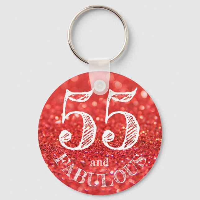 Fabulous 55th Birthday Coral Glitter Sparkle Keychain (Front)