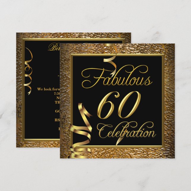 Fabulous 60 Celebration Gold Black Birthday Party Invitation (Front/Back)