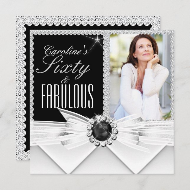 Fabulous 60 Photo Elegant Black White Birthday 3 Invitation (Front/Back)