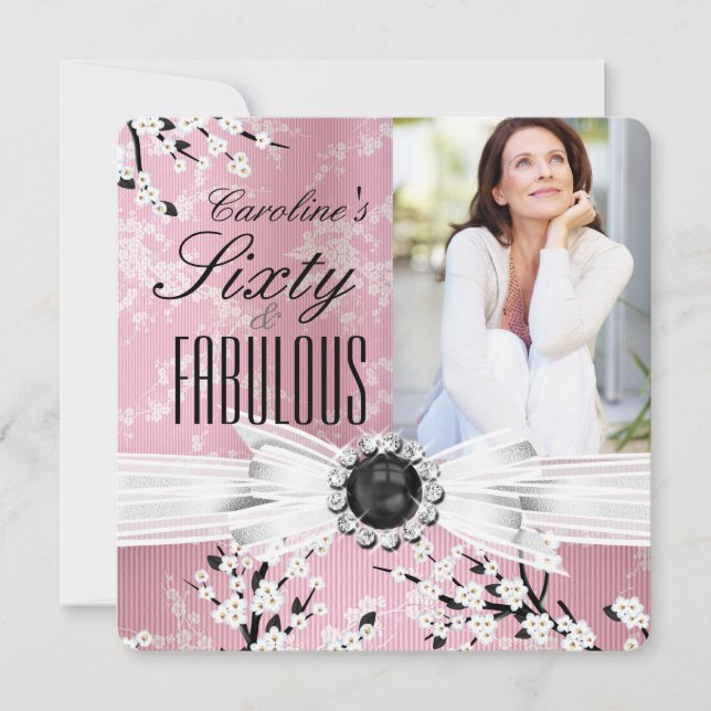 Fabulous 60 Photo Elegant Pink Blossom Birthday 2 Invitation (Front)
