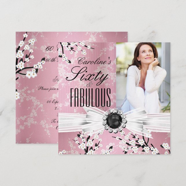 Fabulous 60 Photo Elegant Pink Blossom Birthday 2 Invitation (Front/Back)