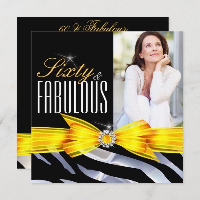 Fabulous 60 Photo Yellow Zebra Black Birthday Invitation (Front/Back)