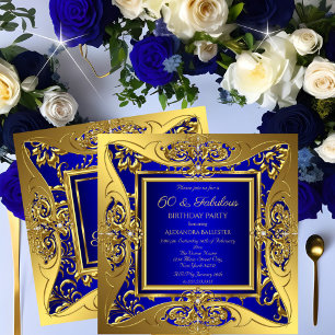 Fabulous 60 Royal Blue Gold Floral Birthday Party Invitation