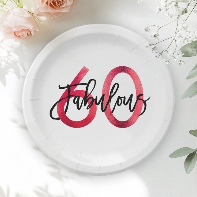 Fabulous 60th | Modern Chic Elegant Red Birthday Paper Plate (Creator Uploaded)