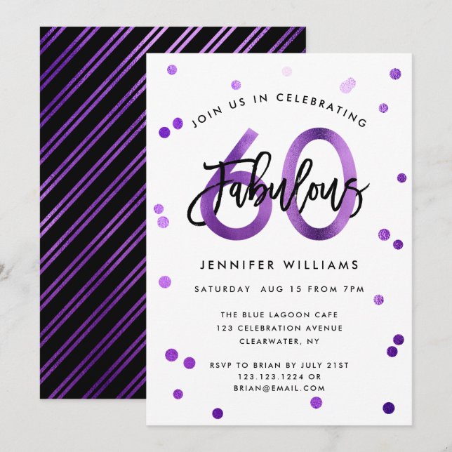 Fabulous 60th | Modern Chic Purple Birthday Party Invitation (Front/Back)