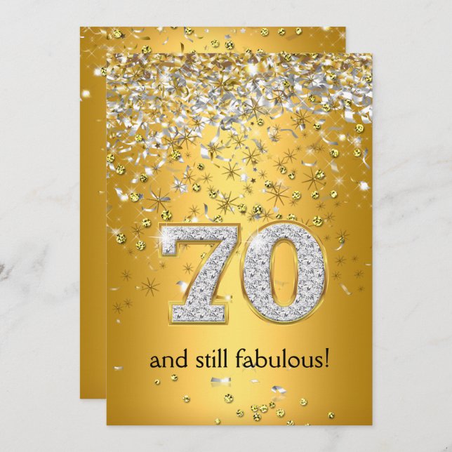 Fabulous 70 Gold Silver Streamers 70th Birthday Invitation (Front/Back)