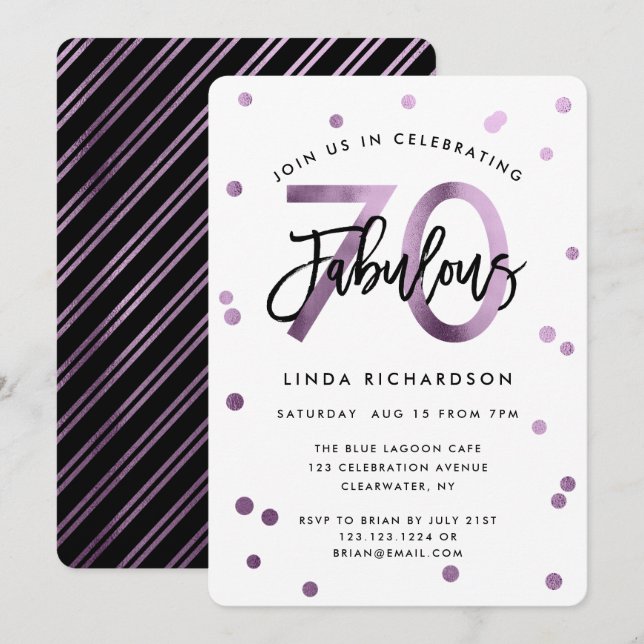 Fabulous 70th | Modern Lilac Purple Birthday Party Invitation (Front/Back)