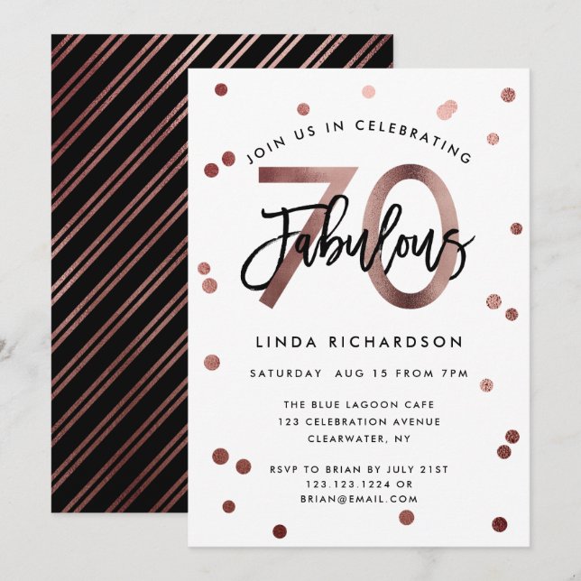 Fabulous 70th | Modern Rose Gold Birthday Party Invitation (Front/Back)