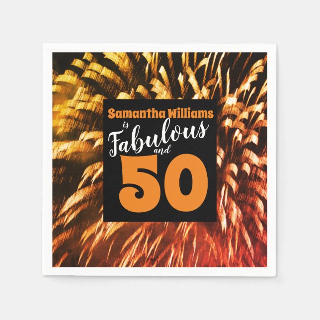 Fabulous and 50 Fireworks Orange Birthday Napkin (Front)