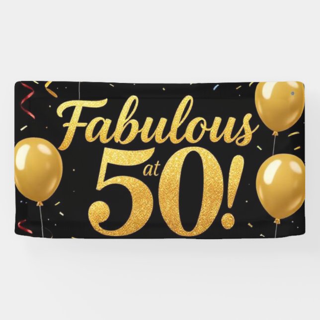 Fabulous at 50 Gold Glitter Birthday Party Banner  (Horizontal)