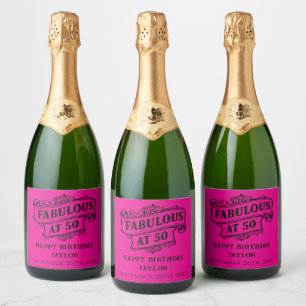 Fabulous at 50 Vintage Rustic Birthday Pink Black Sparkling Wine Label