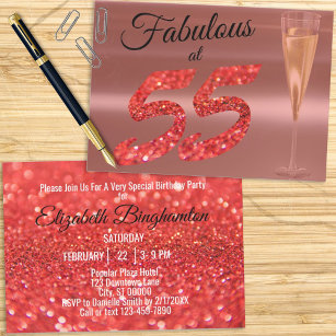 Fabulous at 55 Birthday Coral Glitter Party Invitation