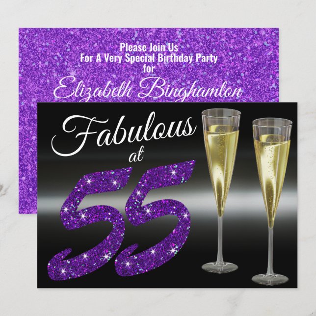 Fabulous at 55 Girly Birthday Purple Glitter Party Invitation (Front/Back)