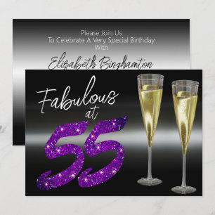 Fabulous at 55 Purple Glitter Elegant Party Invitation