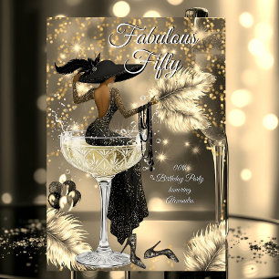 Fabulous Birthday Black Gold Dress Woman Champagne Invitation