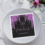 Fabulous birthday black purple glitter sparkle 50 napkin<br><div class="desc">A trendy and glamorous 50th (or any age) birthday napkin. A classic black background decorated with dark purple colored faux glitter drips, paint dripping look. With the text: 50 and fabulous. Personalize and add a name. Light purple colored text. The word Fabulous is written with a modern hand lettered style...</div>