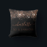 Fabulous birthday black rose gold glitter monogram throw pillow<br><div class="desc">For a trendy and glamourous 50th (or any age) birthday gift. A chic black background decorated with rose gold glitter drops. With the text: 50 and fabulous. Personalize and add a name. Rose gold coloured text. The name is written with a modern hand lettered style script with swashes. To keep...</div>
