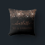Fabulous birthday black rose gold glitter monogram throw pillow<br><div class="desc">For a trendy and glamourous 50th (or any age) birthday gift. A chic black background decorated with rose gold glitter drops. With the text: 50 and fabulous. Personalize and add a name. Rose gold coloured text. The name is written with a modern hand lettered style script with swashes. To keep...</div>
