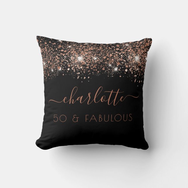 Fabulous birthday black rose gold glitter monogram throw pillow (Front)