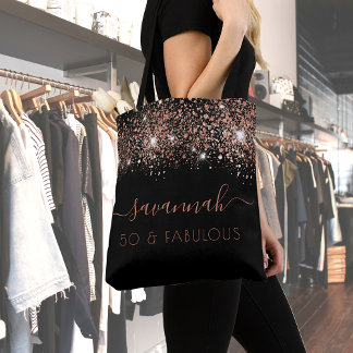Fabulous birthday black rose gold glitter monogram tote bag
