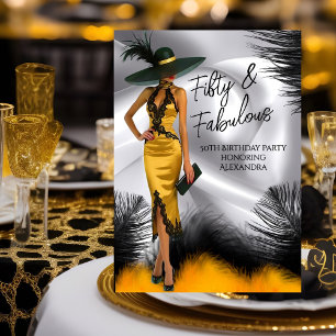 Fabulous Birthday Glamour Woman Black Gold feather Invitation