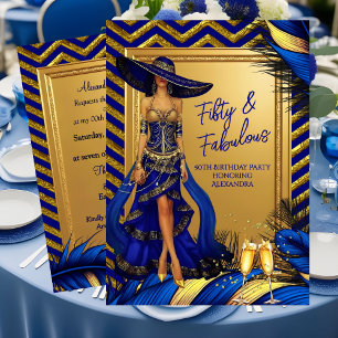 Fabulous Birthday Glamour Woman Blue Gold Feathers Invitation