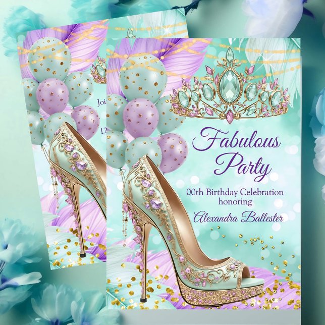 Fabulous birthday Lilac Teal Tiara Gold Heel Invitation (Creator Uploaded)