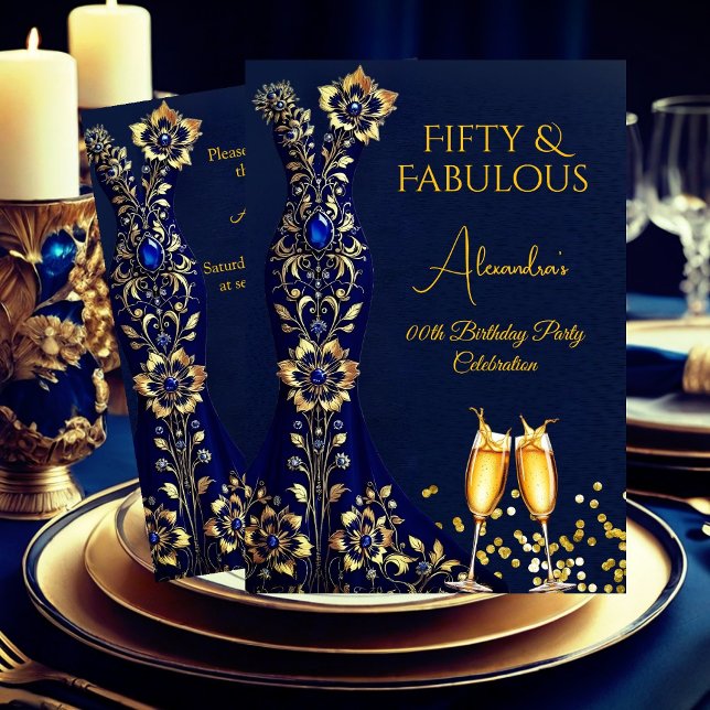 Fabulous Birthday Navy Blue Gold Dress Champagne Invitation (Creator Uploaded)