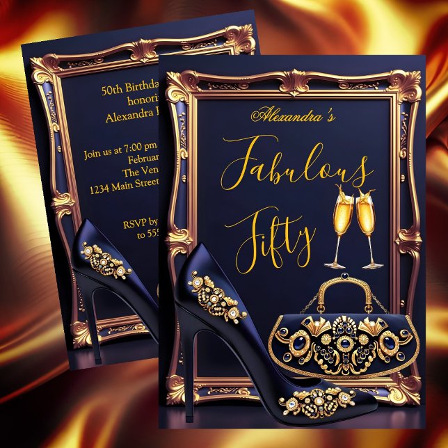 Fabulous Birthday Navy Jewels Heel Champagne Gold Invitation (Creator Uploaded)