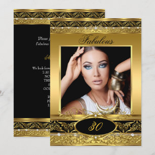 Fabulous Birthday Party Black Gold Floral Photo 2 Invitation