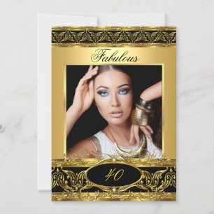 Fabulous Birthday Party Black Gold Floral Photo 3 Invitation