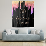 Fabulous birthday party glitter black sparkle tapestry<br><div class="desc">A trendy and glamourous 50th (or any age) birthday tapestry. A classic black background decorated with rainbow coloured faux glitter drips, paint dripping look in purple, pink and gold. With the text: 50 and fabulous. Personalize and add a name. Golden coloured text. The word Fabulous is written with a modern...</div>
